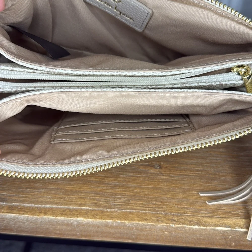 Nanette Lepore Triple Section Almond Pebble Faux Leather Monogram 2 Way Wear Bag